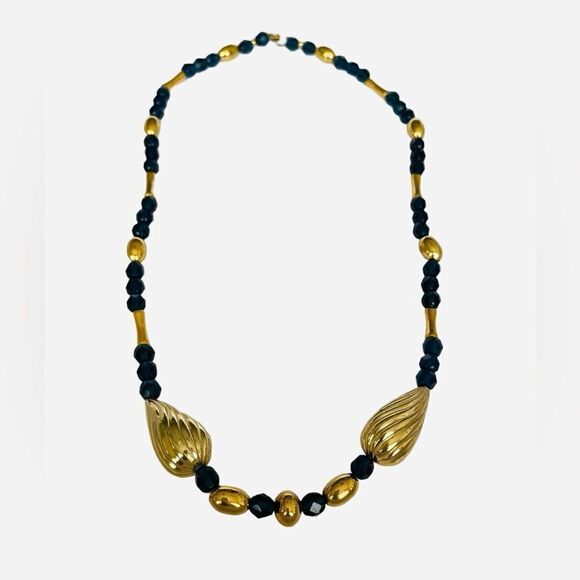NAVY BLUE BEADED NECKLACE WITH GOLDTONE ACCENTS - Picture 3 of 5